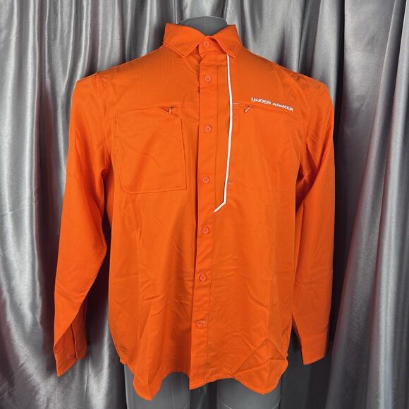 Under Armour HeatGear Men's‎ L Shirt Loose Button Long Sleeve Ventilating Orange - Picture 1 of 13